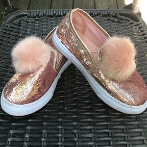 Pink sequin with soft pompom slip on shoes